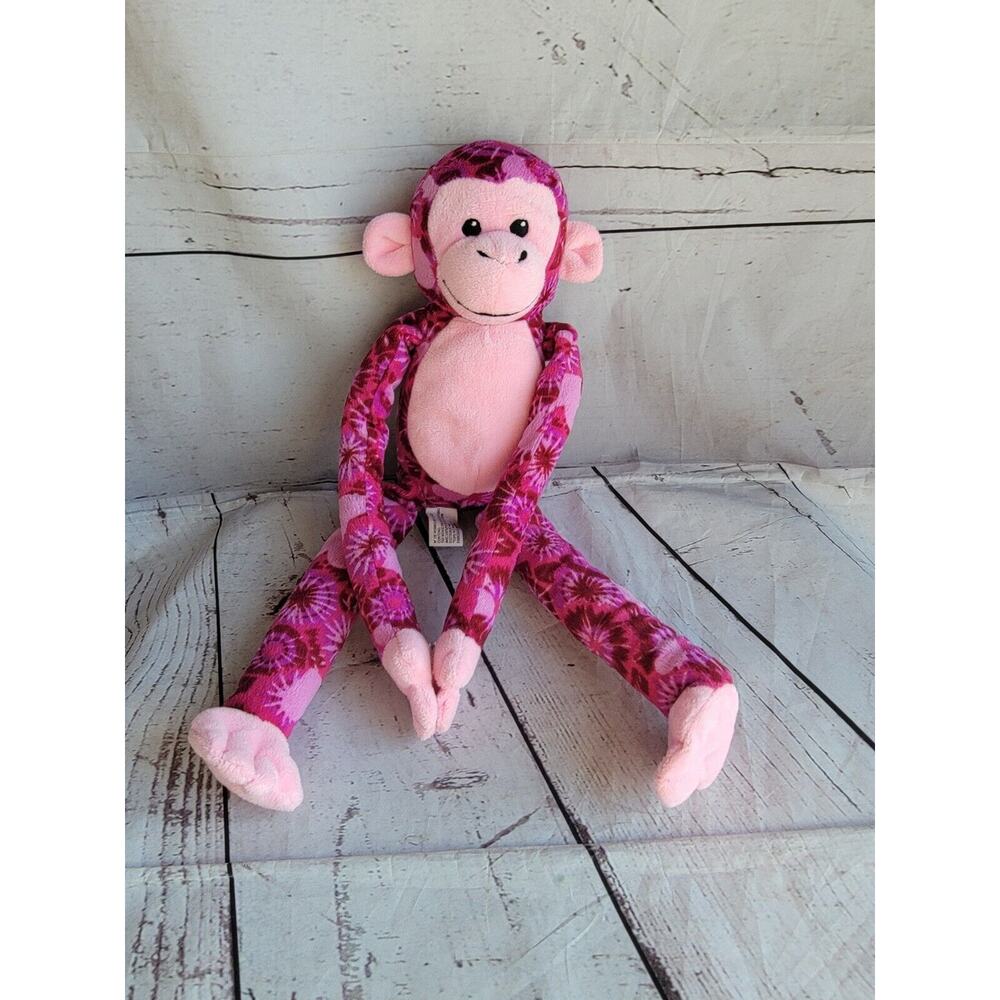 Hanging tie dye pink monkey Stuffed Animal Hook Loop Hands 16 Inches